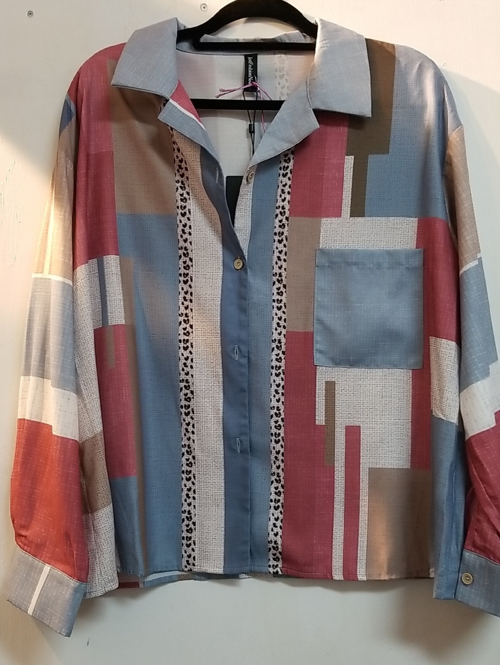 Woven Geometric Print Button-Down Blouse - Multi (Blue, Pink, Tan)